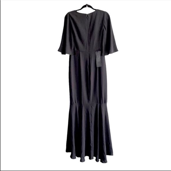 BCBGMAXAZRIA Cape Sleeve V-Neck Asymmetrical Ruffle Maxi Dress Gown Black 2 - Picture 5 of 6